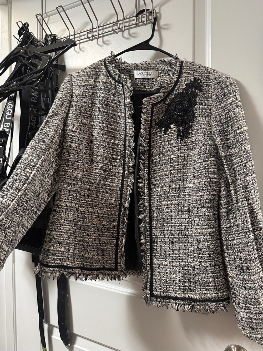Kasper Black and White Tweed Fringe Open-Front Jacket